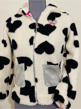 Betsey Johnson Faux Fur Heart Print Fuzzy Zip Hoodie Jacket Zip Front Large girl